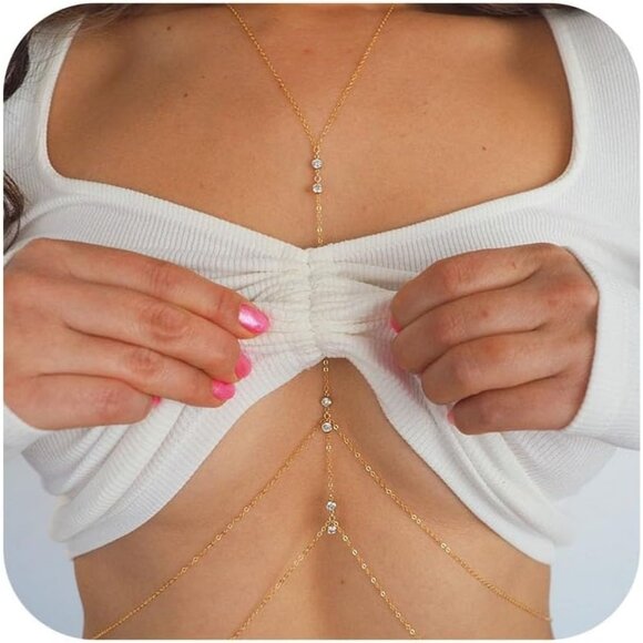 🆕 Women Gold Trendy Body Chain Crystal Rhinestone Boho Sexy Bikini Jewelry Gift - Picture 1 of 7